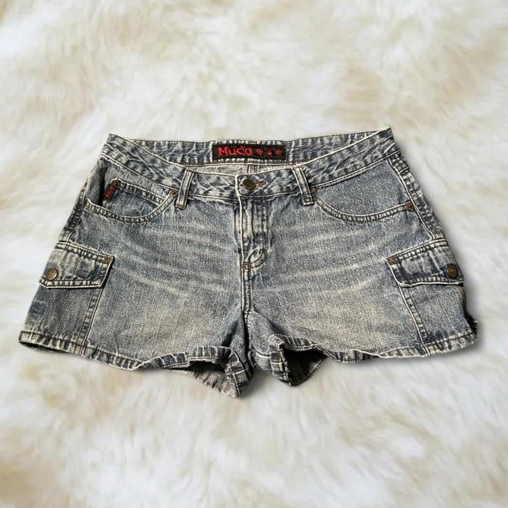 Mudd Y2K Denim Shorts Blue Low Rise Distressed Cargo Utility Size 28